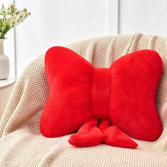 Red Bow Pillow,12'' Bow Decorative Pillows with Faux Rabbit Fur,Soft Bow Throw Pillows Aesthetic Bow Shaped Pillow for Bed Sofa Couch Home Decor