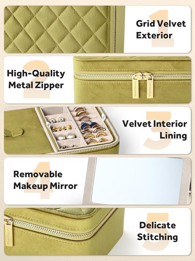 Velvet Travel Jewelry Box with Large Mirror, Double-Layer Jewelry Organizer Case for Women and Girls, Portable Storage Case with 6 Anti-Tarnish Bags Gift Ready for Her (Avocado Green) - Image 5