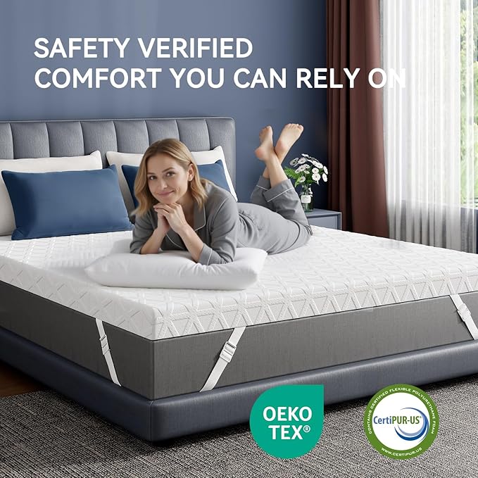 ELEMUSE 3 Inch Gel Memory Foam Mattress Topper King - Cooling Ice Silk Removable & Washable Cover, Mattress Topper for Back Pain Relief, Adjustable Strap & Non-Slip, CertiPUR-US Certified
