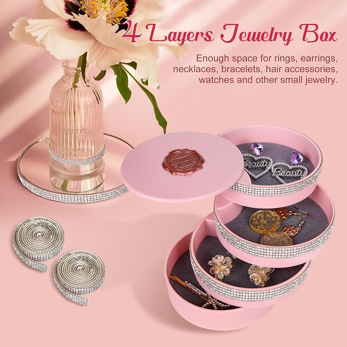 CONBOLA Jewelry Holder Organizer, Christmas Gifts Ideas for Women, Small Jewelry Storage Box Earring Holder, 5-Layer Rotating Jewelry Storage Tray with Lid for Bracelets Rings Bracelets - Image 4