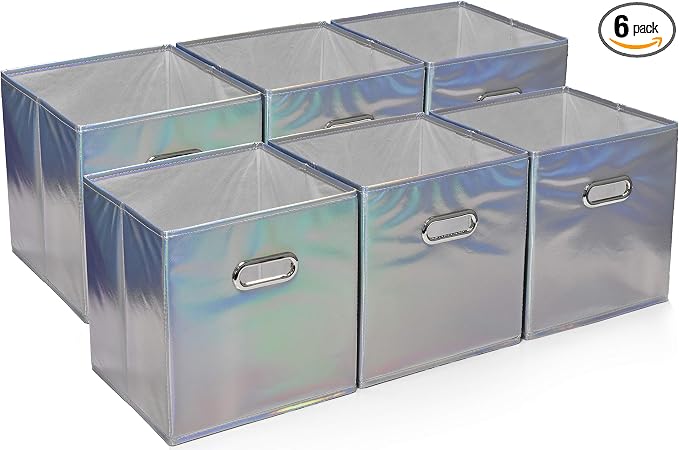 Handy Laundry 6-Pack Foldable Cube Storage Bins – Decorative Collapsible Organizer for Shelves, Closets, Underbed, Clothes, or Kids’ Toys (Shiny Silver) by Handy+Laundry