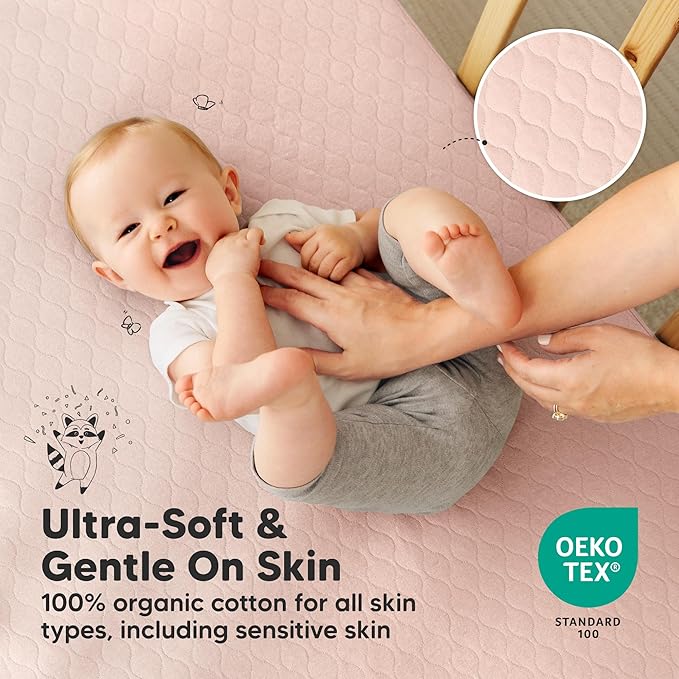 2-Pack Waterproof Crib Mattress Protector Cover Fitted - Quiet Baby Crib Mattress Pad Sheets, 52" x 28" Soft Quilted Cotton Baby Sheet, Machine Washable, Easy Fit, Durable (Cameo/Mavy)