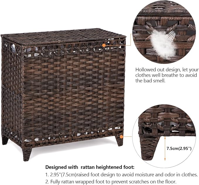 Laundry Hamper with 3 Removable Liner Bags; 132L Handwoven Rattan Laundry Basket with Lid & Heightened Feet; Clothes Hamper with Side Handles; Laundry Sorter with 3 Separate Sections - Image 5