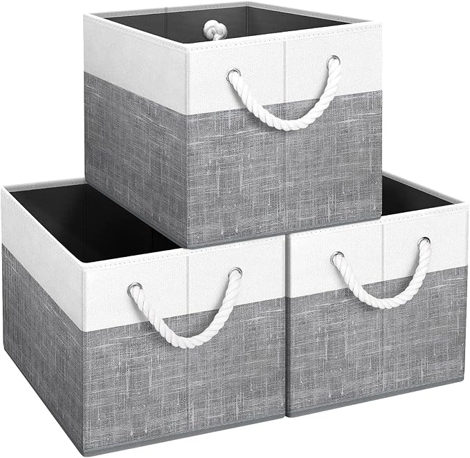 Fab totes Storage Bins [3-Pack], Foldable Storage Baskets for Organizing Toys, Books, Shelves, Closet, Large Storage Box with Rope Handles, Sturdy Organizer Bins, White & Grey by Fabtotes