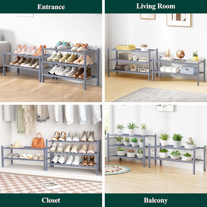 Smiry Bamboo Shoe Rack for Closet, 3 Tier Wooden Stackable Shoe Organizer, Free Standing Shoes Storage Shelf for Entryway, Front Door Entrance, Grey - Image 7