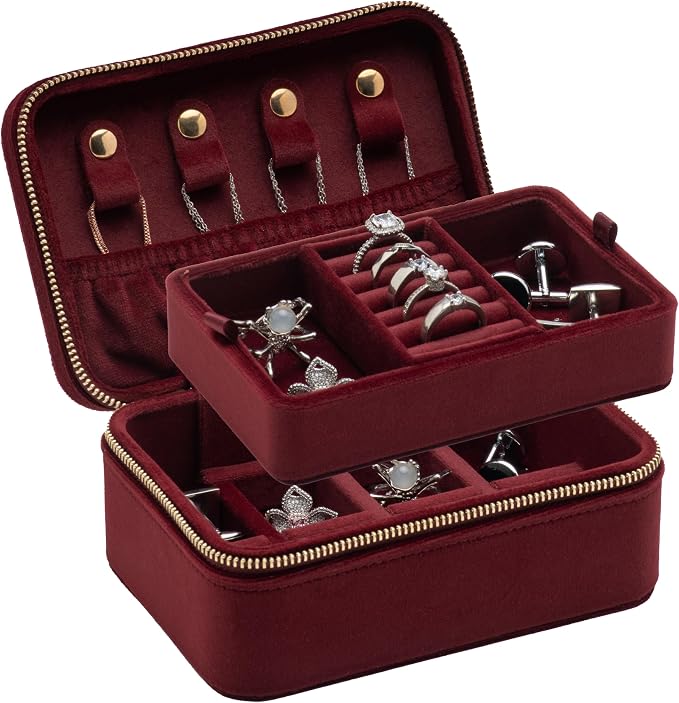 Velvet Travel Jewelry Organizer Box with Zipper Around,Portable Accessory Display Tray Holder Storage Case for Multiple Earrings Rings Necklaces Bracelets (Red) by COWFEX