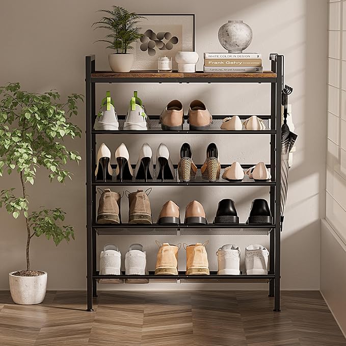 5 Tier Shoe Rack, Shoe Rack for Entryway with Hook, Shoe Organizer with Adjustable Mesh Shelves, Metal Shoe Storage, Closet, Bedroom Living Room Garage - Image 8