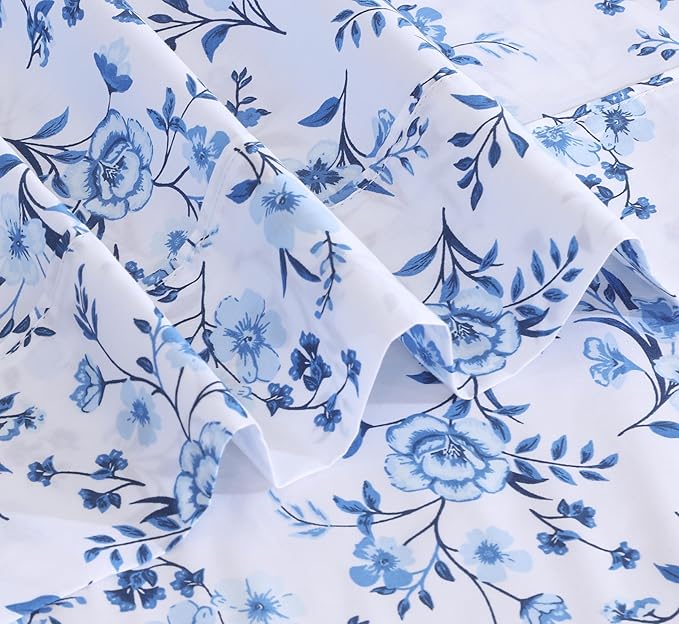 RUVANTI 100% Cotton Sheets – Queen Size Percale Bedding, Cooling & Breathable Floral Design, Durable with a Crisp, Soft & Comfortable Feel, 16" Deep Pocket, 4-Piece Set, Annual
