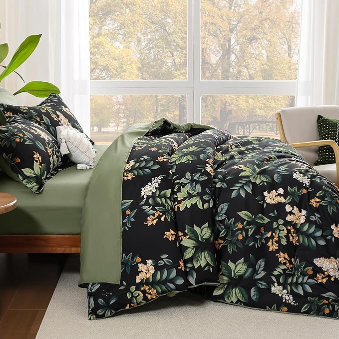 Cottolester Black Comforter Set Queen Size Floral 7-Piece Bedding Set,Botanical Comforter Set with Pillowcases,Soft Microfiber Complete Bedding Sets for All Season