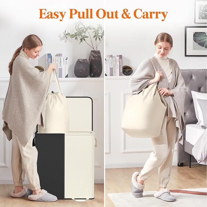 Lifewit Double Laundry Hamper with Lid and Removable Laundry Bags, Large Collapsible 2 Dividers Dirty Clothes Basket with Handles for Bedroom Laundry Room Closet Bathroom College, 155L White&Black - Image 4