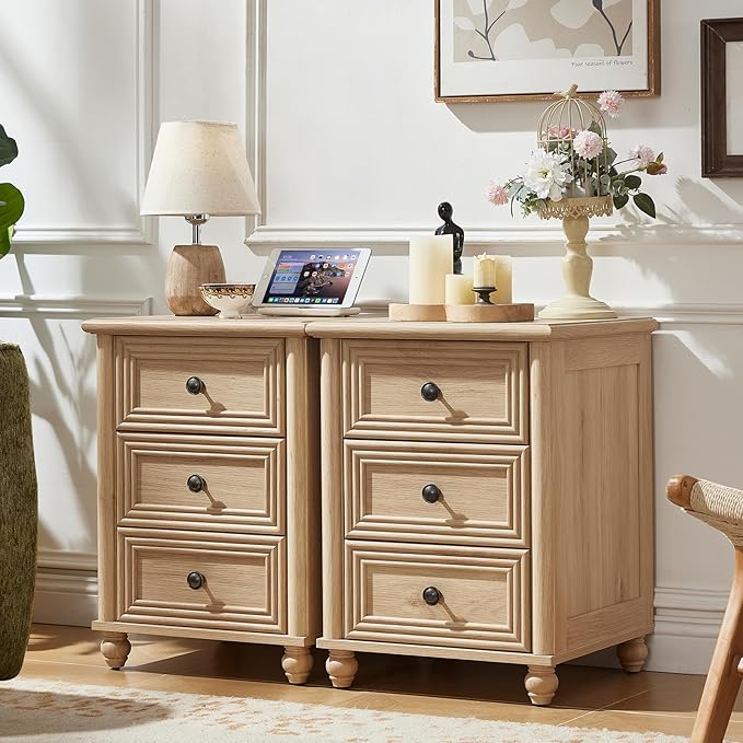 RWYHG 18" Farmhouse Night Stand, Natural Wood Nightstand with 3 Drawers, Bedside End Table with Storage and Roman Column, Bed Side Tables Cabinet for Bedroom, Living Room, and Closet