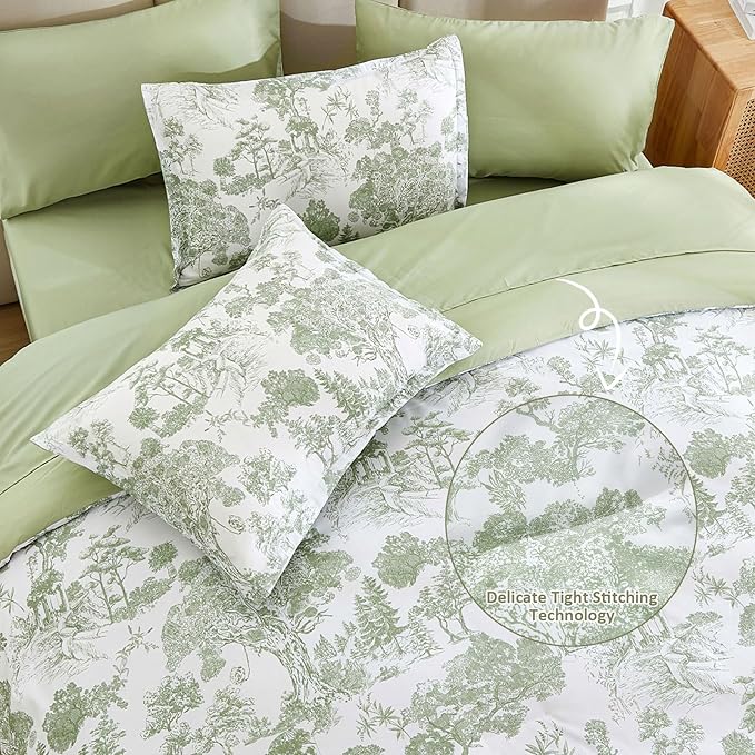 DJY Twin Size Comforter Set,Sage Green Botanical Comforters with Sheets Elegant Plants Print Soft Microfiber Reversible Complete Bedding Sets for All Season