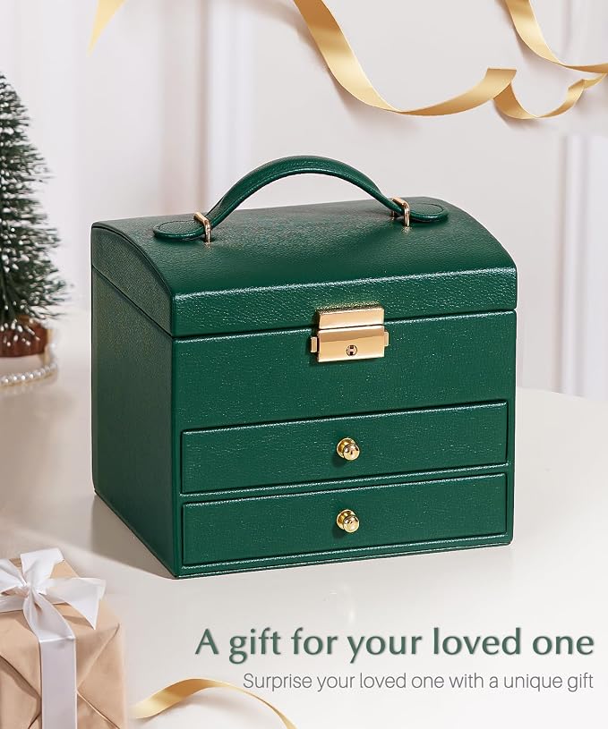 Homde Mothers Day Gifts Small Girls Jewelry Box with Lock: 3 Layer Organizer with Removable Tray - Storage for Ring Necklace Earring - Birthday & Return Gifts for Young Women (Midnight Green) - Image 3