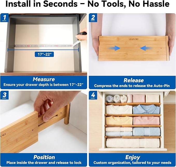4 Pack Deep Drawer Dividers, 6" High Bamboo Expandable Drawer Organizers, 17-22" Adjustable Tension Separators, Large Drawer Dividers for Kitchen, Bedroom Dresser, Baby Nursery & Bathroom - Image 4
