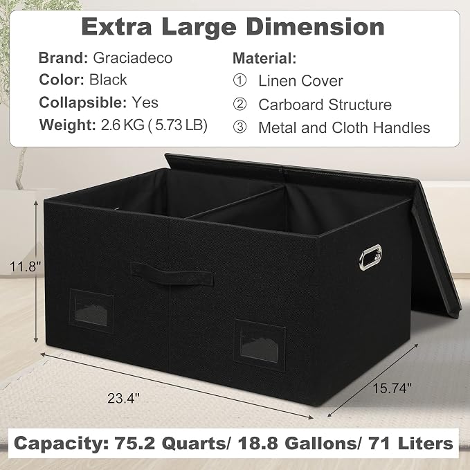 Graciadeco 75 Quarts Extra Large Decorative Storage Bins with Lids, 3 Packs Black Collapsible Storage Bins with Lids, Stackable Storage Bins Decorative Box Storage With Lid Extra Large - Image 2