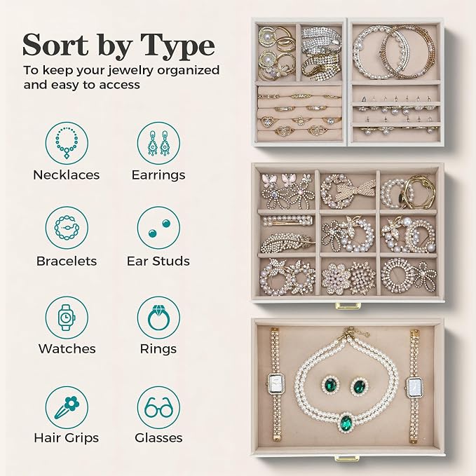 Dajasan Jewelry Organizer Box, Large Jewelry Boxes for Women Girls, Space-Saving 3 Layers Jewelry Storage Case with Drawer, Movable Metal Stand, Modern, Gift Idea (Cloud White + Gold) - Image 4