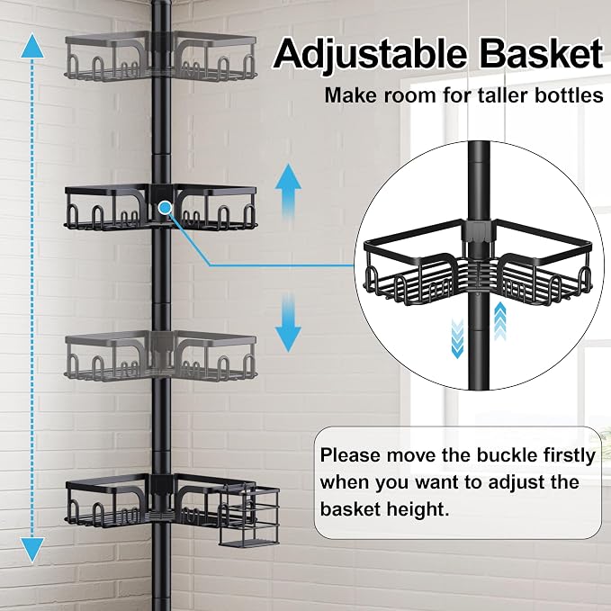 Corner Shower Caddy Tension Pole 4 Tier Adjustable Stainless Steel Shower Shelf for Inside Shower Bathtub Shampoo,Standing Bathroom Organizer Shelves with 39 to 113 inch Height - Image 3