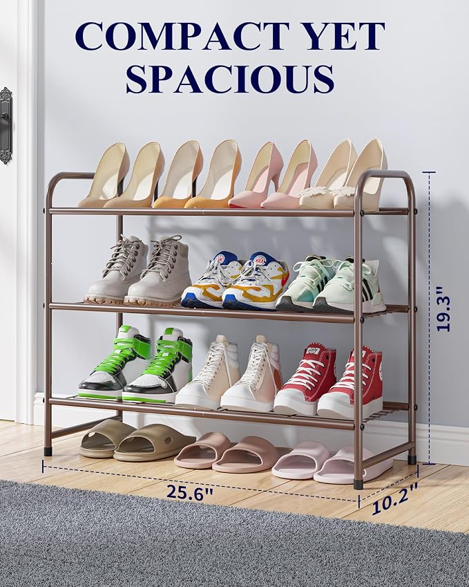 Kitsure Shoe Rack - Stainless Steel Shoe Organizer, Sturdy Shoe Rack for Closet and Front Door Entrance, Free Standing Shoe Shelf, Closet Organizers and Storage, 25.6" Wide - 3 Tier, Brown - Image 2