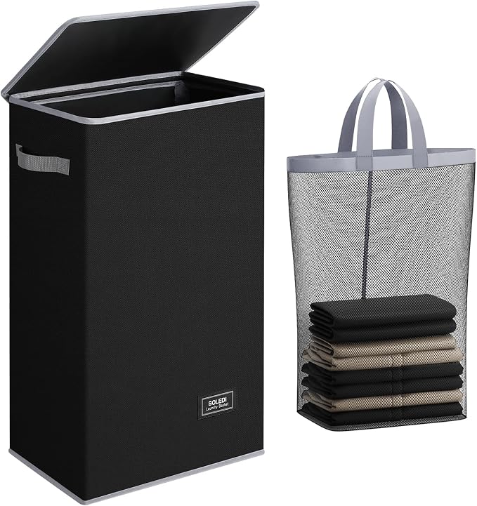SOLEDI Slim Laundry Hamper with Lid, Narrow Laundry Basket with Removable Bags, Dirty Clothes Hamper with handle, Small Hamper perfect for Laundry room, Bathroom, Bedroom, Small spaces. 70L Black by SOLEDI