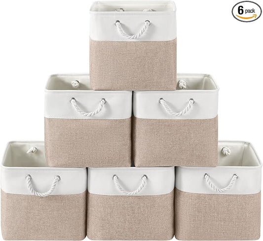 13 x 13 Inch Cube Storage Bins, 6 Pack Fabric Storage Basket with Handles, Foldable Boxes Organizer for Shelf Baskets for Home, Clothes (White/Khaki) by VQRTEXAStorageBasket