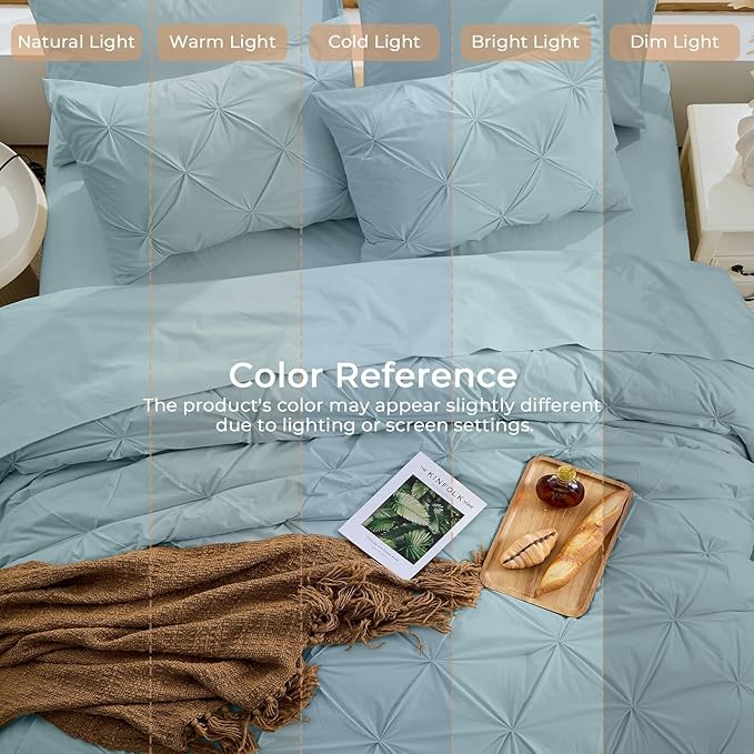 Sasttie King Size Comforter Set, 7-Piece Bed in a Bag, Pintuck Bedding Sets for All Season, Includes Comforter, Flat Sheet, Fitted Sheet, Pillowcases and Pillowshams, Greylish Blue