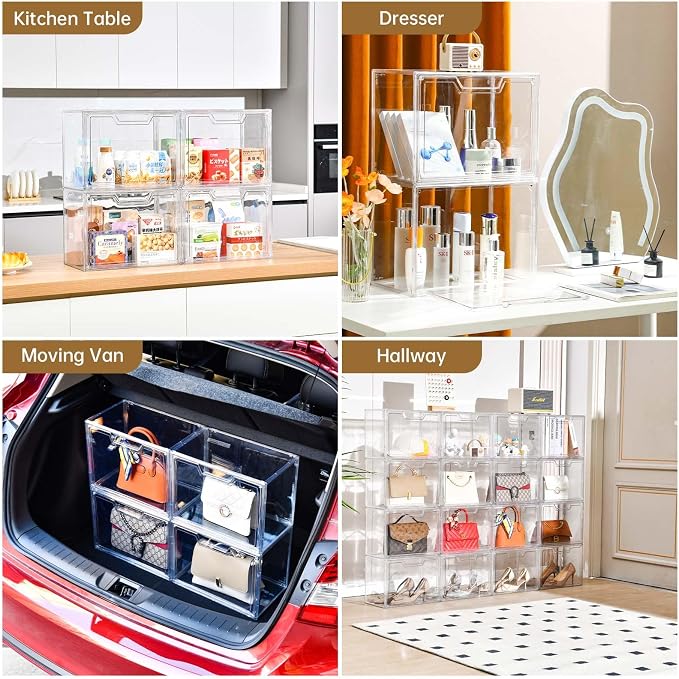 Freebat Stackable Storage Bins, Clear Acrylic Display Case, 9-Pack Acrylic Boxes with Lids, Clear Storage Containers Storage for Handbags, Collectibles & Figures - Image 6