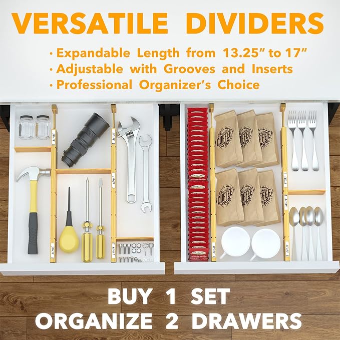 SpaceAid Bamboo 13.25-17“ Drawer Dividers (Need 2.35" Deep Drawer) Kitchen Adjustable Organizers, Expandable Organization for Home, Office, Dressers, 4 Dividers with 9 Inserts - Image 6