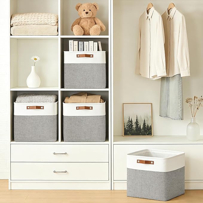 Bagnizer 13x13 Cube Storage Bins, Collapsible Fabric Storage Box, 4 Pack Closet Baskets with Handles for Organizing, Shelf, Toys, Clothes, Home, Office, Nursery (Grey&White) - Image 2