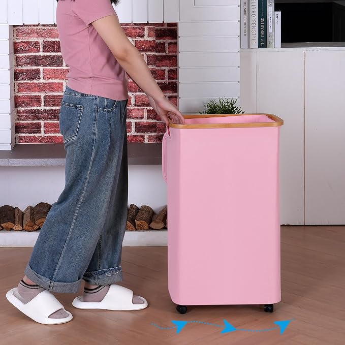 iEGrow 75L Laundry Basket with Wheels,Clothes Hamper for Laundry,Laundry Hamper with Lid and Inner Bag, for Laundry Room, Bedroom, Dormitory Storage,Pink - Image 3