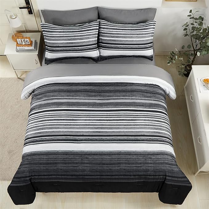 KAKIJUMN 7 Piece Bed in a Bag Stripe Comforter Set Queen Size, White Grey Black Patchwork Striped Comforter and Sheet Set, All Season Soft Microfiber Complete Bedding Sets(Grey,Queen)