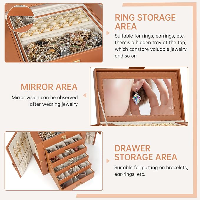 AKOZLIN 6-Tier Jewelry Box Organizer Functional 5 Drawers Leather Jewelry Storage Case for Women Girls Ring Necklace Earring Bracelet Holder Organizer with Mirror Dark Orange - Image 3
