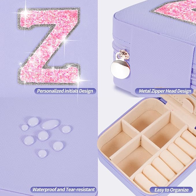 Uygafly Personalized Jewelry Case for Women Girls - Fashion Mini Jewelry Boxes - Trendy Travel Jewelry Organizer with Initials Letter - Teen Gifts | Lavender,Z - Image 4