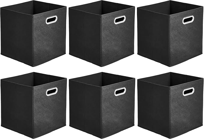 Amazon Basics Collapsible Cube Storage Bins, Space-Saving, Organizing Fabric Bins with Handles, 10.5" x 10.5" x 11", Black, 6-Pack by AmazonBasics