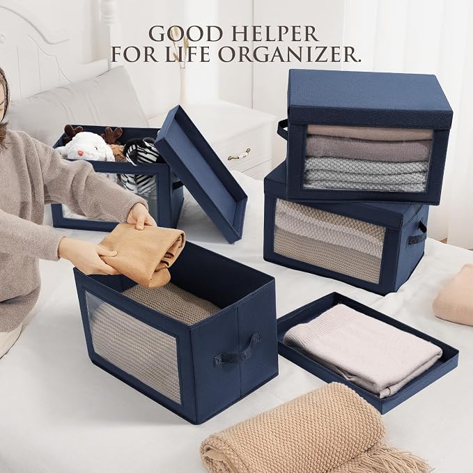 Homsorout Foldable Storage Boxes with Lids - Decorative Storage Boxes with Clear Window, Fabric Storage Baskets for Organizing, Closet Storage for Clothes, Yarn, Home, Navy Blue, 4-Pack - Image 4
