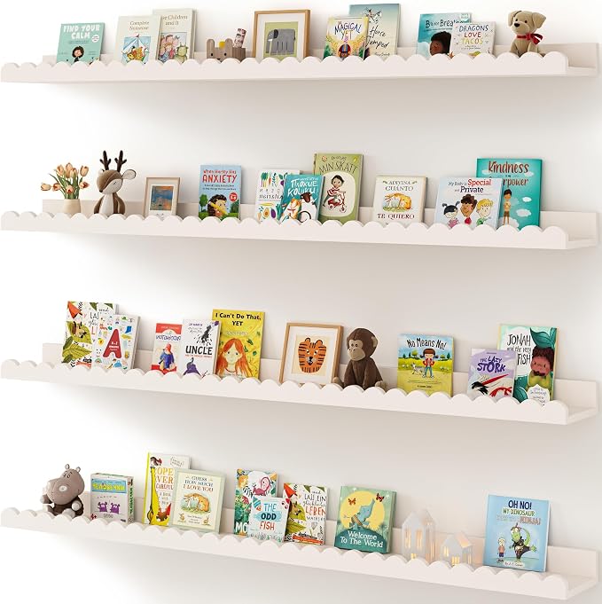 Shario Nursery Book Shelves, 4-Pack White Floating Shelves for Wall Kids, Scalloped Shelves, Wall Book Shelves for Bedroom Kids, Toddler Room, Baby Room, Nursery Decor (White, 47.2 Inches) by Shario