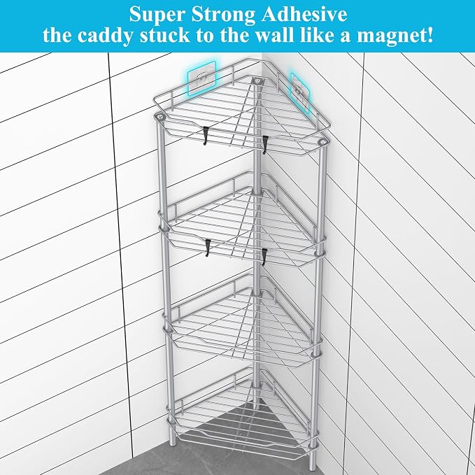 HuggieGems 4 Tier Floor Standing Corner Shower Caddy Organizer Shelf with Hooks, Bathroom Shelves Stand Rack, Silver - Image 2