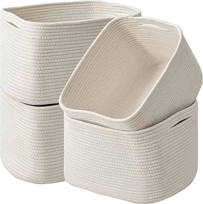 ICERZCZ Storage Baskets for Organizing & Shelves, Woven Cotton Rope Organization Bins for Dog Toys, Clothes, Books, Nursery Organizer, 15" Lx11''Wx9.5''H, (4 Packs) Off White by ICERZCZ