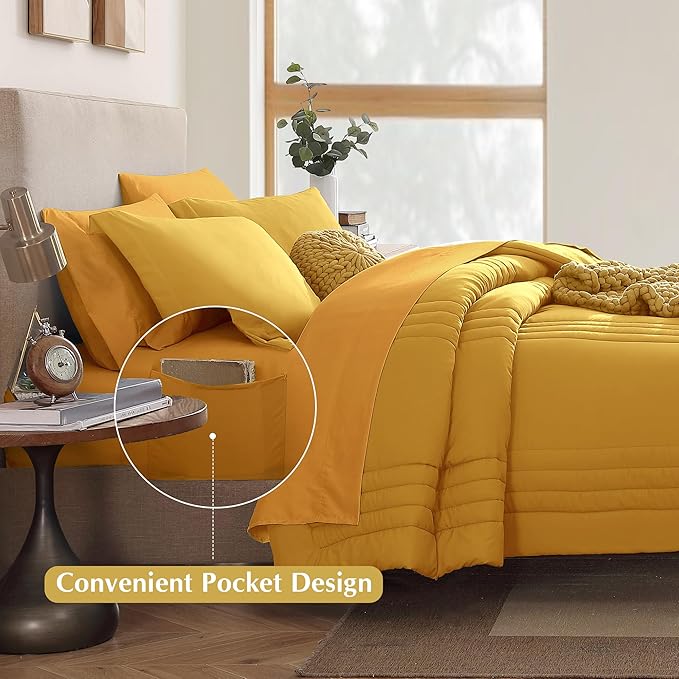 Monbix Queen Comforter Set - 7 Pieces Bright Yellow Bed in a Bag Queen Bedding Sets with Comforters, All Seasons Comforter Bed Set with Sheets,Pillowcases & Shams