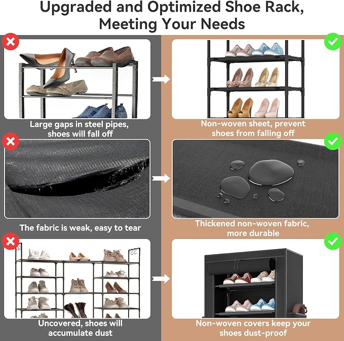ROJASOP Shoe Rack with Covers 10 Tier Large Shoe Organizer Tall Shoe Closet Storage for 20-22 Pairs Shoe and Boot, Free Standing Shoe Rack Organizer for Closet, Entryway, Bedroom, Black - Image 7