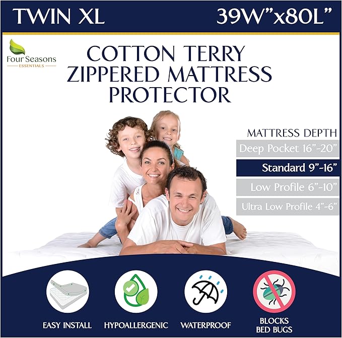 Twin Extra Long (XL) Mattress Protector - Zippered Waterproof Mattress Cover - Deep Pocket Encasement with Cotton Terry Top