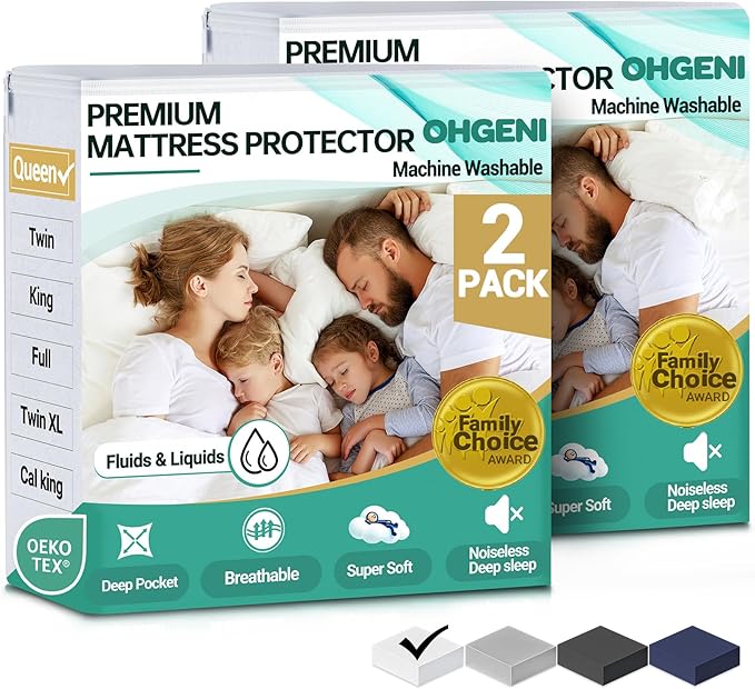 OhGeni 2 Pack Queen Size Mattress Protector, 100% Waterproof, Fitted Sheet with Deep Pockets, 6''-18'', Premium Noiseless Breathable Soft Material, Mattresses Cover for Bed