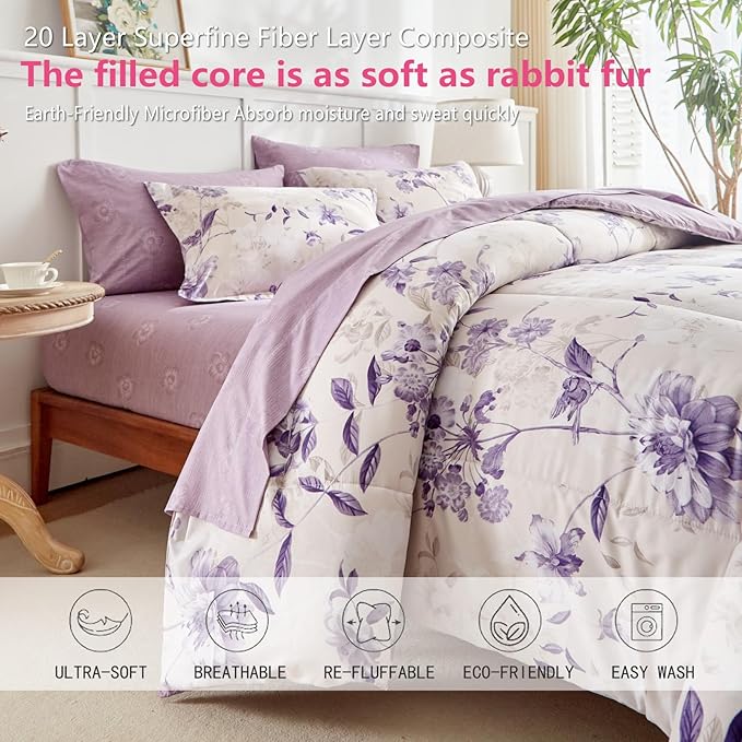 AIKASY 6-Piece Twin Size Bed in a Bag Comforter Set - Lilac Purple Floral Ensemble with Reversible Botanical Flowers Comforter, Sheets, Pillowcases & Shams