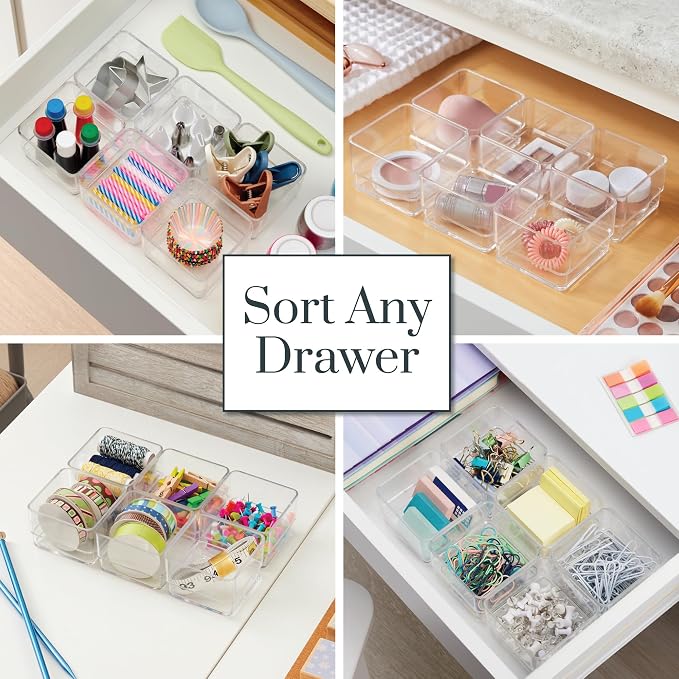 STORi SimpleSort 3-Piece Stackable Clear Drawer Organizer Set | 9" x 6" x 2" Rectangle Trays | Wide Makeup Vanity Storage Bins and Office Desk Drawer Dividers | Made in USA - Image 4