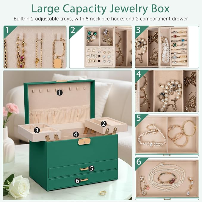 AKOZLIN Travel Jewelry Box Organizer Functional 2-trays Leather Jewelry Storage Case with Lockable Portable 2 Drawers for Women Girls Ring Necklace Earring Bracelet - Image 4