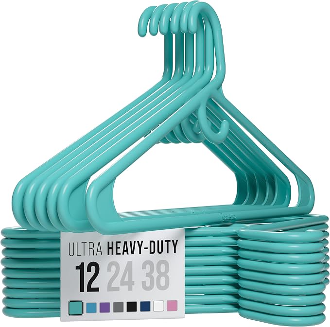 NEATERIZE Thick Heavy Duty Hangers - Aqua Plastic Clothes Hangers 12 Pack - Great for Coat Hanger, Jackets Jeans & Suit Hanger for Closet - New Apartment Essentials Percheros Ganchos para Colgar Ropa by Neaterize