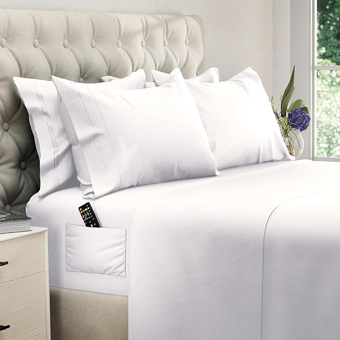 DREAMCARE Full Size Sheets - 6 pcs Breathable Cooling Bed Sheets - up to 15" Deep Pocket Full Size Bed Sheets wth Side Pockets - Extra Soft 100% Brushed Hypoallergenic Hotel Luxury Bedding - White