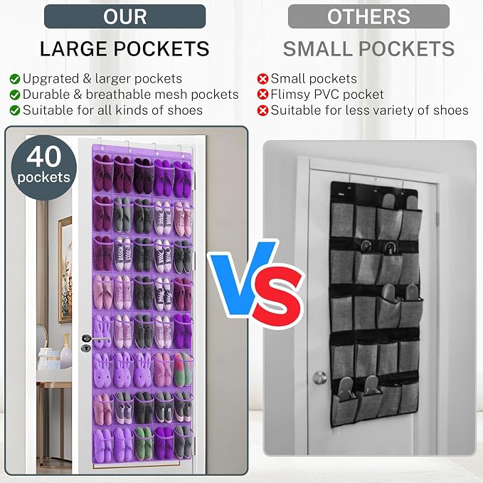40-Pocket Over the Door Shoe Organizer - Large Mesh Pocket Hanging Shoe Organizer,Behind the Door Shoes Storage Holder Hanger - Image 6