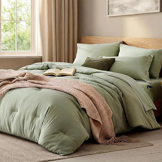 WRENSONGE Full Size Comforter Set- 7 Pieces Sage Green Bed in a Bag Full Size Comforter with Fitted Sheet, Flat Sheet, 2 Pillow Shams, 2 Pillowcases, Warm Bedding Sets for All Season