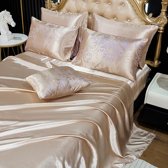 Jacquard Full Comforter Set with Sheet Set Gold Bedding Set 8 Pcs Embroidery Neoclassical Floral Pattern Bed Home Decor Soft Down Comforter Luxury Hotel Silky Bed in a Bag with 1 Cushion Cover
