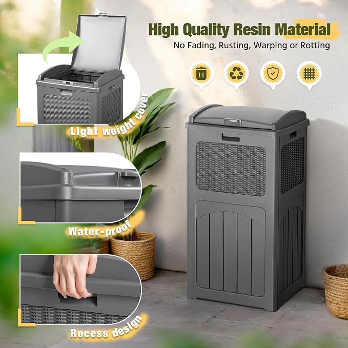 Devoko 33 Gallon Outdoor Trash Can with Dual Lid, Heavy Duty Waterproof Resin Garbage Bins Outside, Hideaway Waste Bins for Patio, Outside Pool, Backyard and Deck (2, Gray) - Image 2